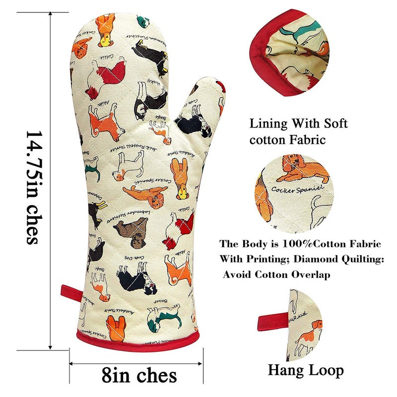 RED LMLDETA Oven Mitts Cotton Fashion Cute Dog Design 1pair Heat Resistant Oven Gloves Safe Cooking Baking Grilling Barbecue Machine Washable Pot Holders (Oven Mitts Dog Flower) - Image 3